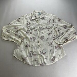 Women's L Floral Pearl Snap Button Down Shirt Top Long Sleeve Sheer Love Potion